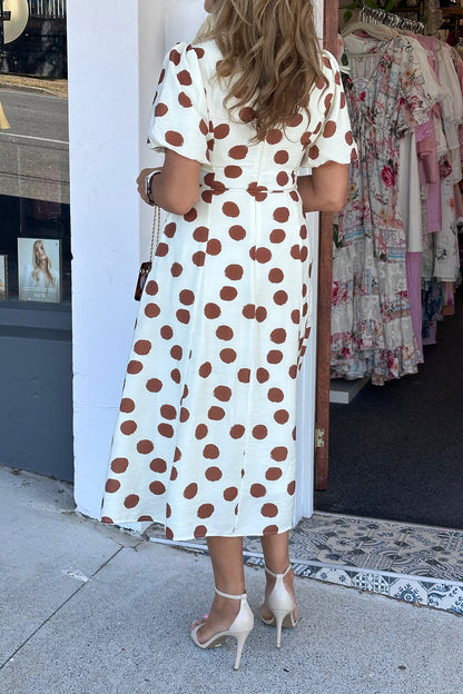 Polka Dot V-Neck Short Sleeve Tie Dress