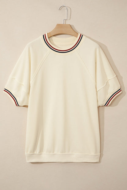 Varsity Stripe Neckline Cuff Short Sleeve Tunic