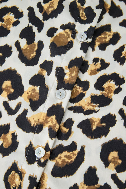 Leopard Ruffle Trim 3/4 Sleeve Loose Shirt