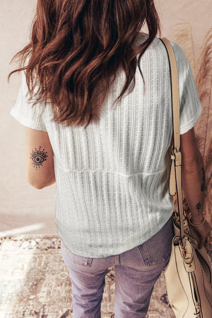 Solid Textured V-Neck Henley Raw-Seam Tee