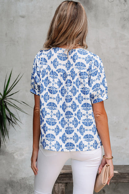 Geometric Tassel Drawstring V-Neck Blouse