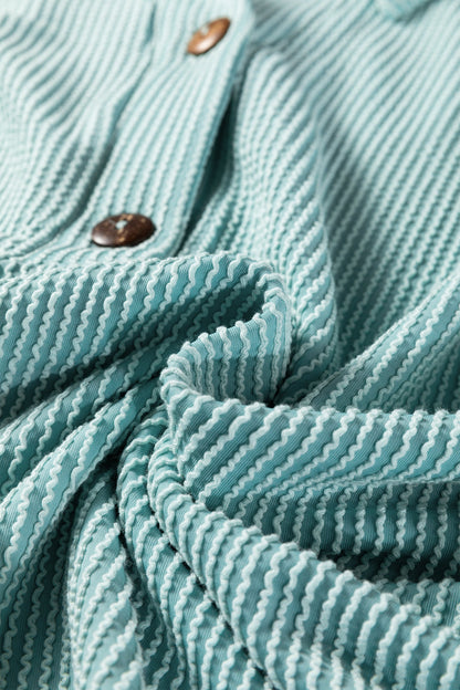 Corded Knit Roll-Up Sleeve Collared Henley Top