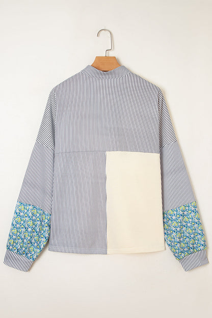 Floral Stripe Collared V-Neck Drop Sleeve Sweatshirt