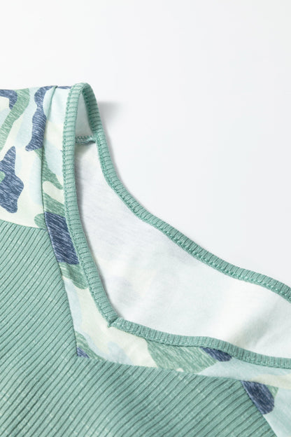 Plus Size Camo Ribbed Patchwork V-Neck Tee