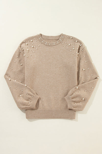 Solid Pearl Drop Shoulder Round Neck Sweater