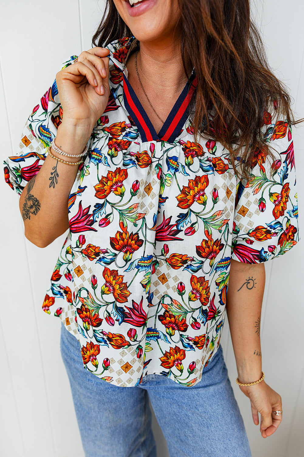 Floral V-Neck Puff Sleeve Blouse