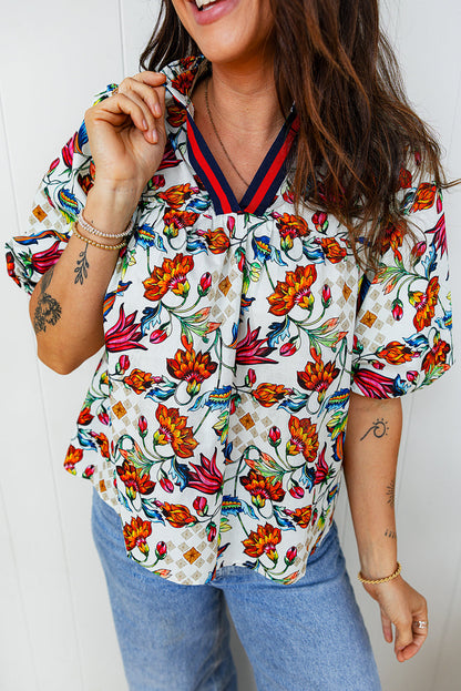 Floral V-Neck Puff Sleeve Blouse