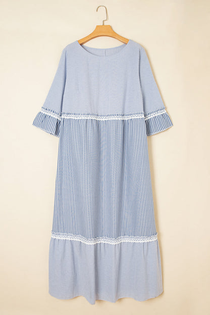 Plus Size Stripe Patchwork Lace Trim 3/4 Sleeve Maxi Dress