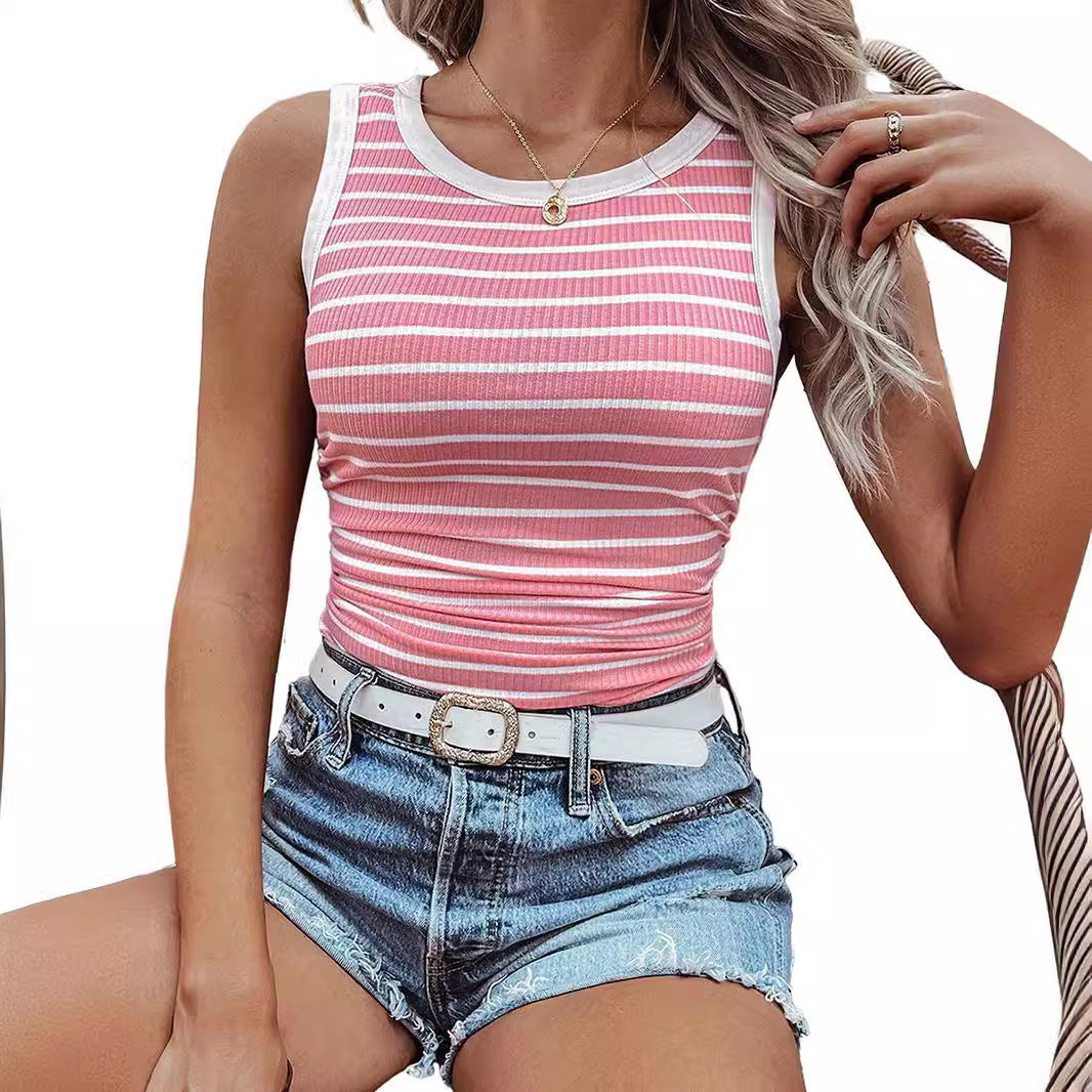 Women's Casual Contrast Color Round Neck Vest