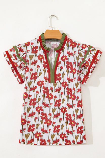 Contrast Trim V-Neck Ruffle Short Sleeve Blouse