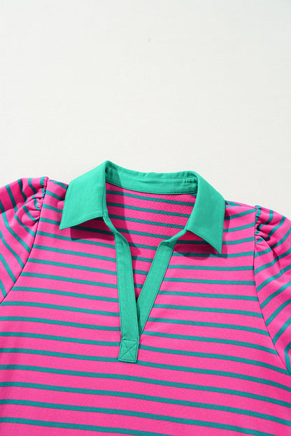 Stripe Collared V-Neck Puff Sleeve T-Shirt Dress