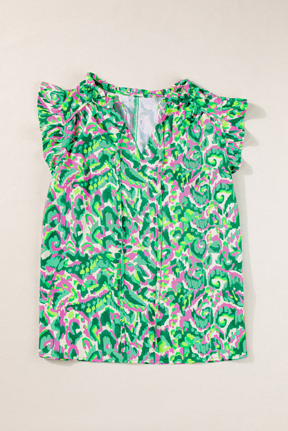 Abstract Ruffled Trim Tied Split Neck Tank