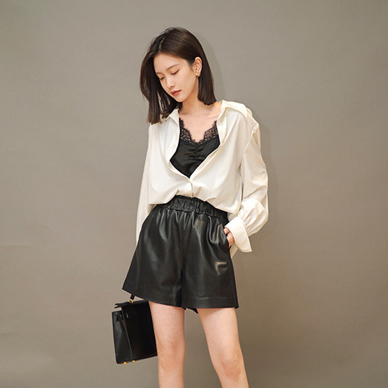 Fashion Loose Straight Leather Shorts Women