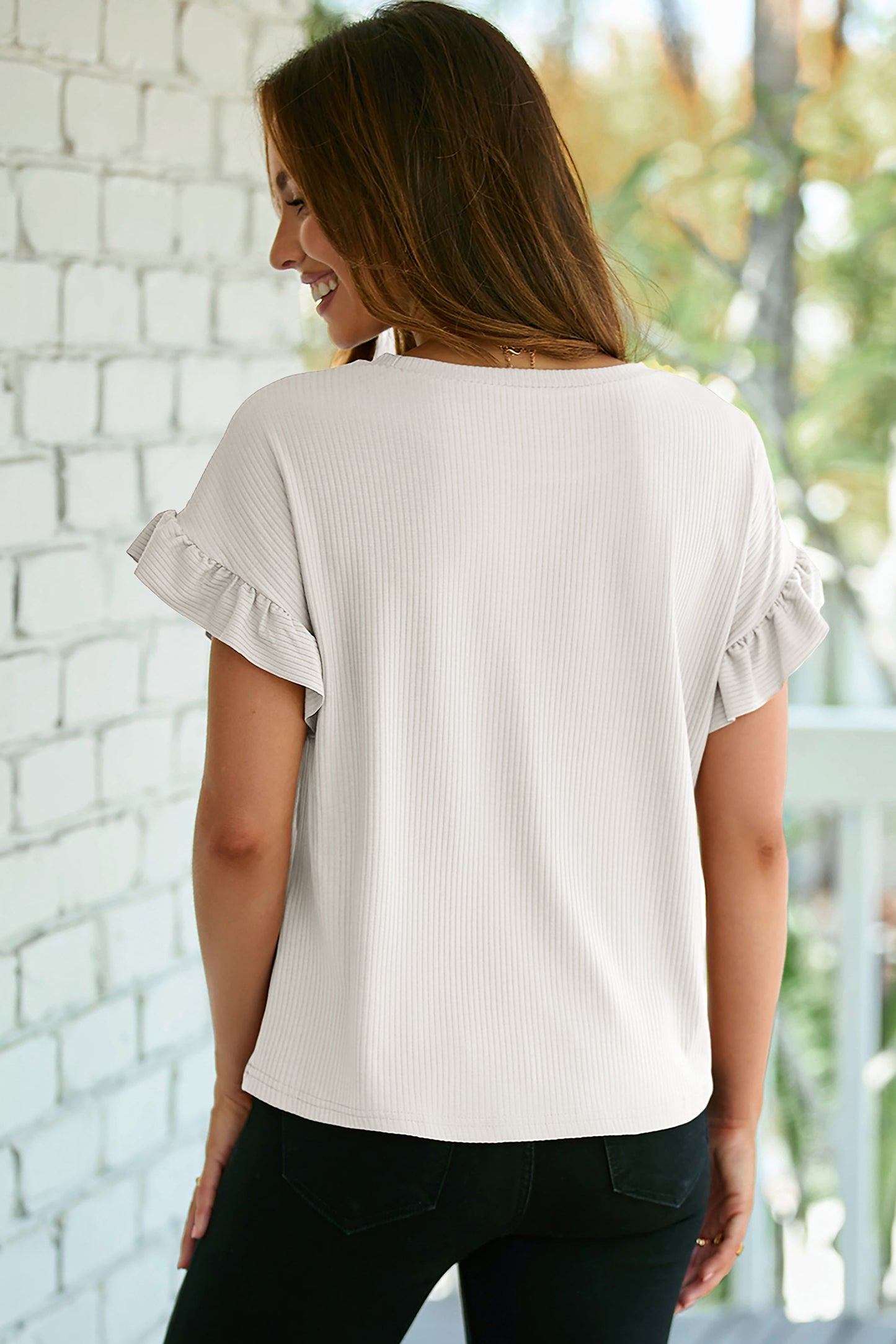 Solid Rib Ruffle Short Sleeve T-Shirt
