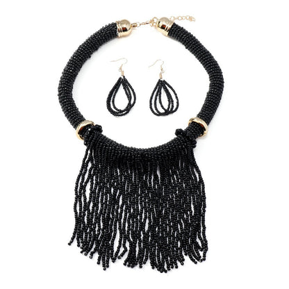 Ethnic Style Tassel Bead Necklace And Earrings Suite