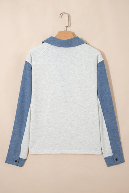 Denim Patchwork Button Polo Collar Long Sleeve
