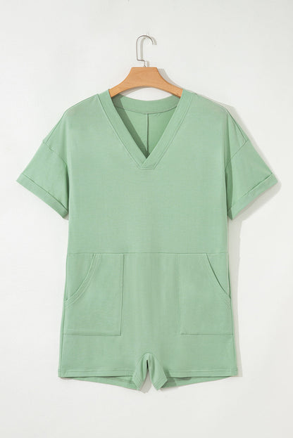 Solid Short Sleeve V-Neck Knit Romper