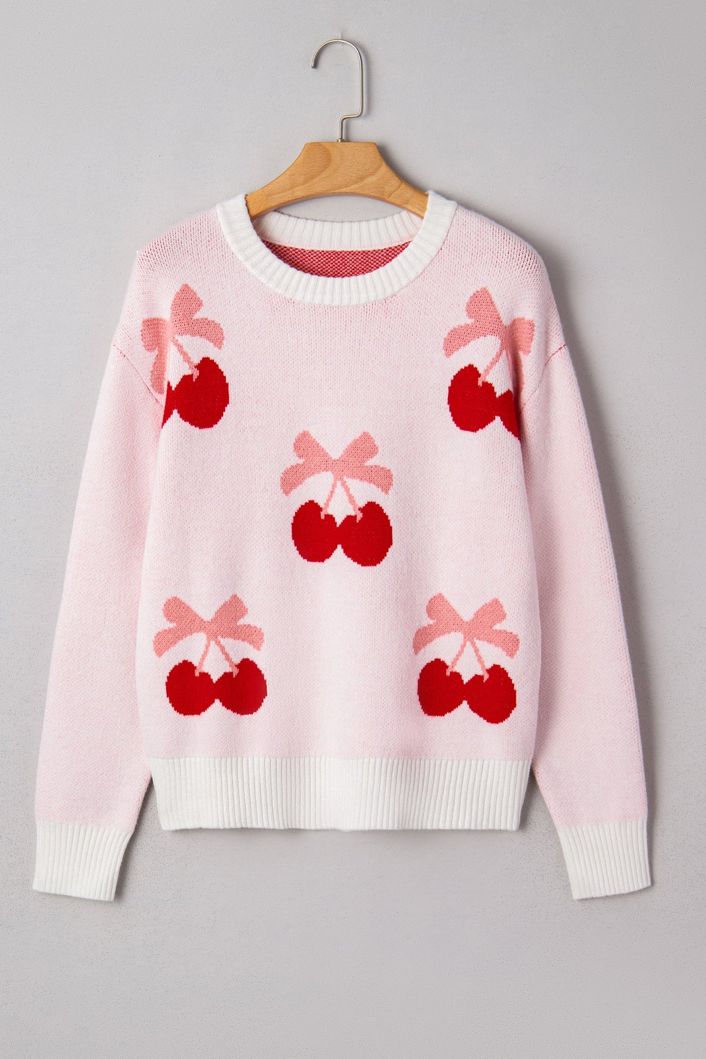Valentine Bow Tie Cherry Drop Shoulder Sweater