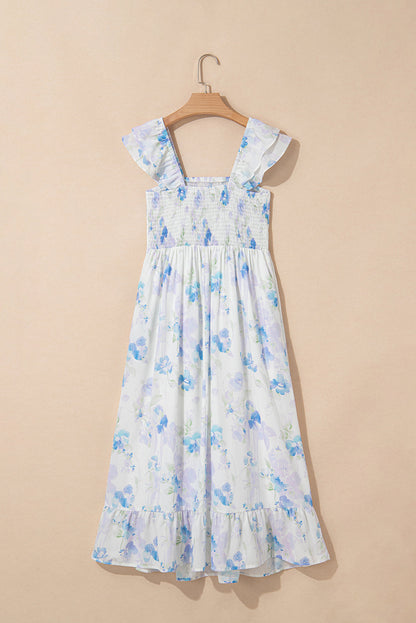 Floral Smocked High Waist Double Ruffle Dress