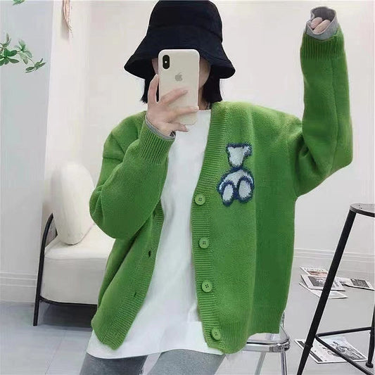 Western Style Idle Style Bear Pattern Sweater For Outer Wear