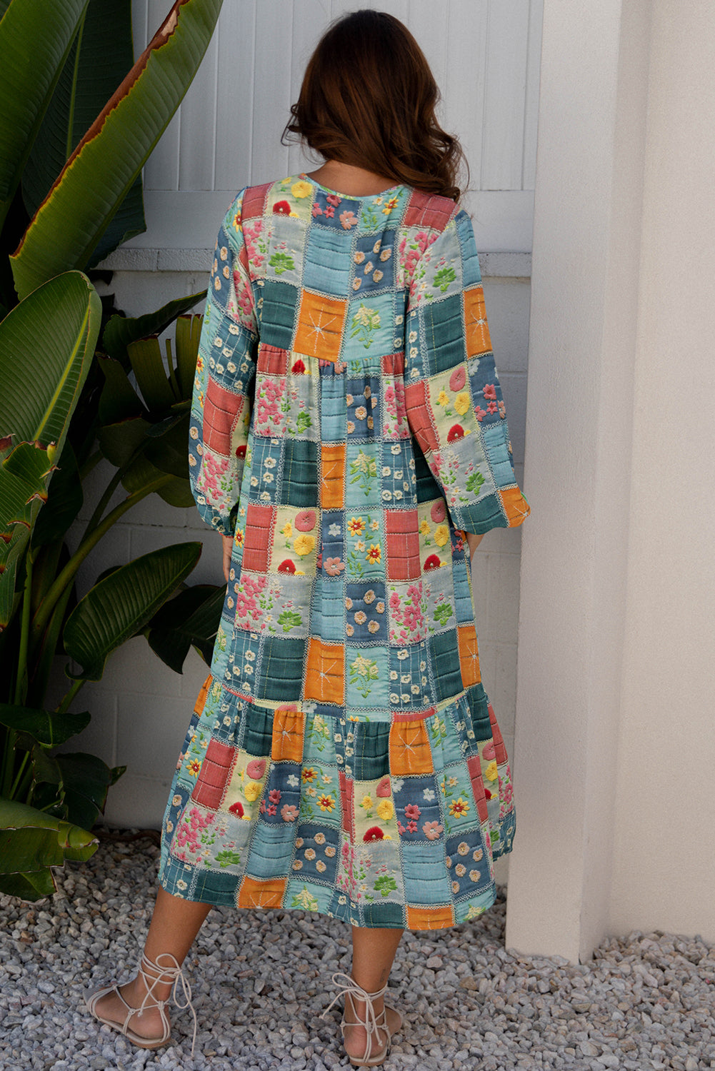 Floral Patchwork Long Sleeve Ruffle Hem Midi Dress