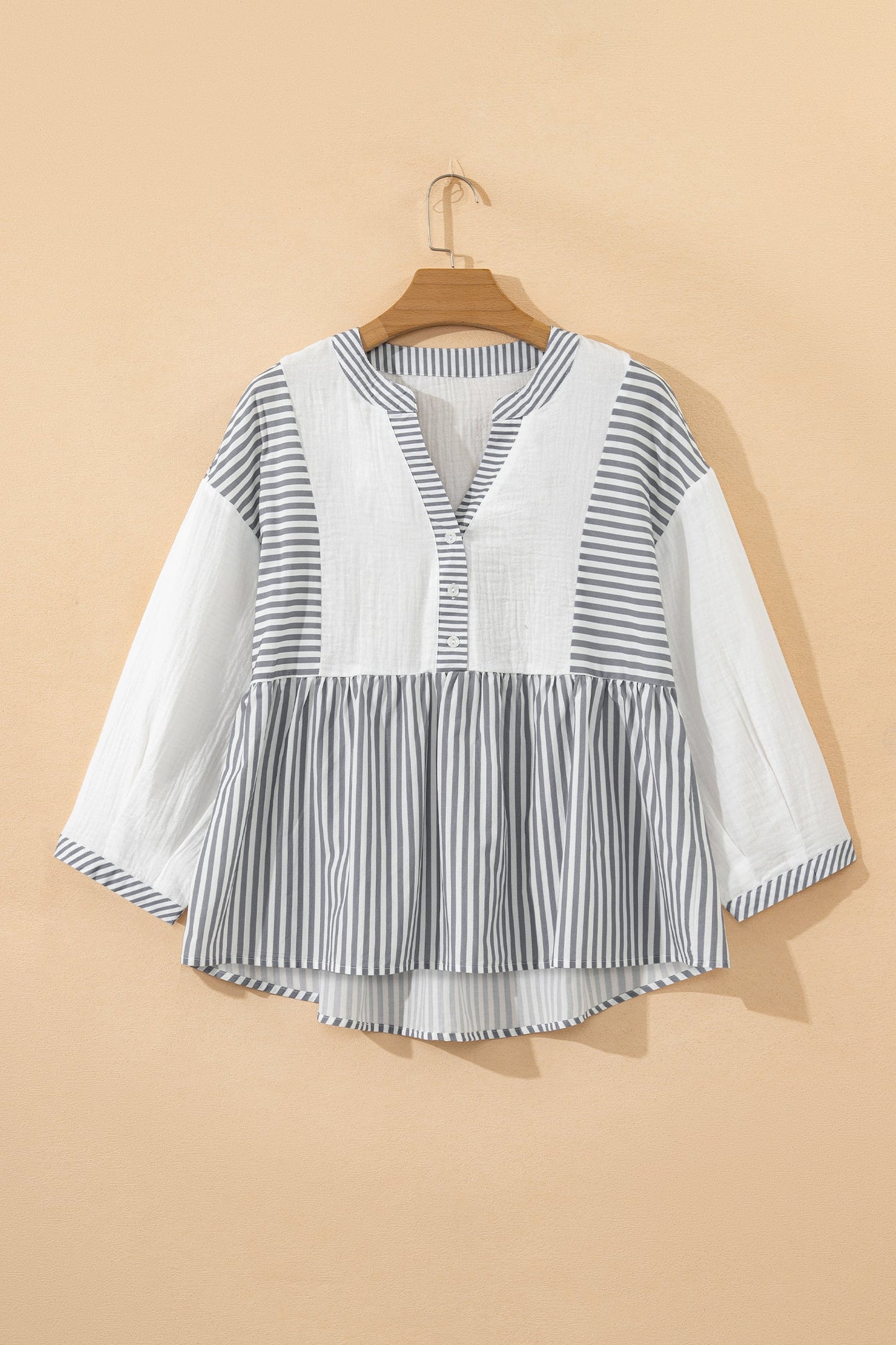 Stripe Half Button Gauze Patchwork Babydoll Blouse
