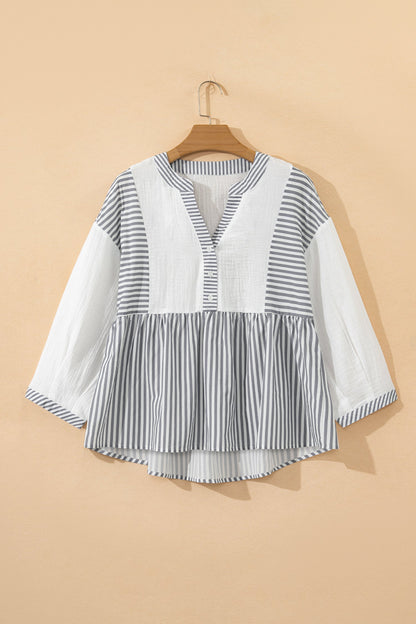 Stripe Half Button Gauze Patchwork Babydoll Blouse