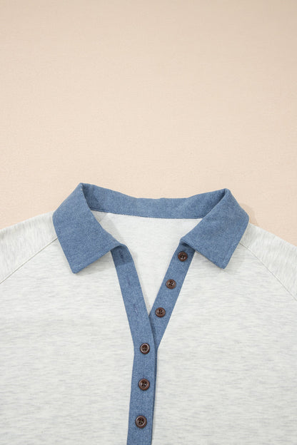 Denim Patchwork Button Polo Collar Long Sleeve