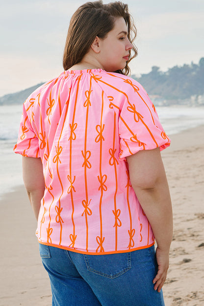Plus Size Bowknot Shirred V-Neck Blouse
