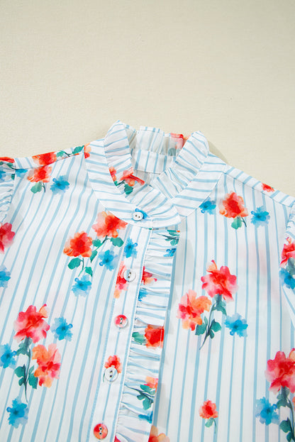 Stripe Floral Ruffle Sleeve Belted Mini Dress