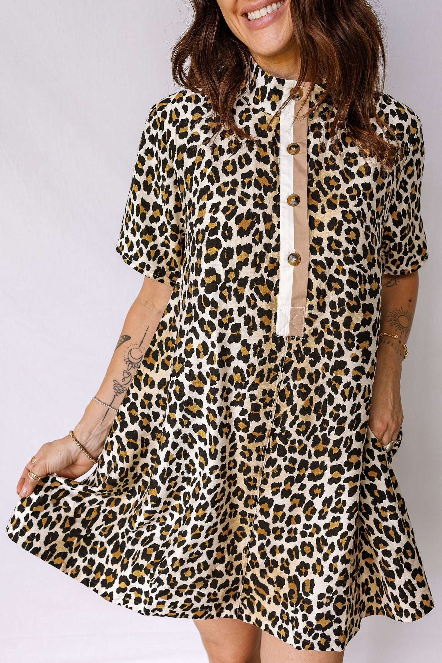 Leopard Half-Button Short Sleeve Loose Mini Dress
