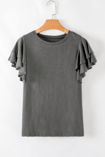 Solid Layered Ruffle Short Sleeve Round Neck Top