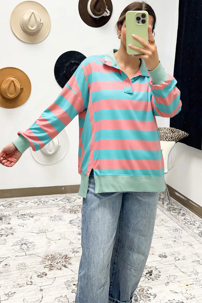 Drop Shoulder Button Collar Side Slit Top