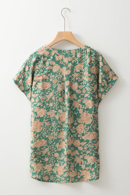 Floral Pleated Button V-Neck Short Sleeve Blouse