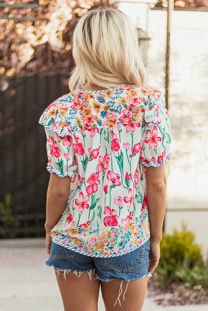 Floral Stripe Detail Split Neck Short Sleeve Blouse