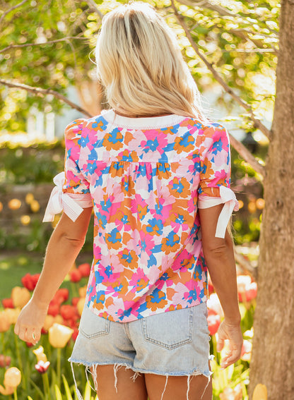Floral Colorblock Stripe V-Neck Short Sleeve Blouse