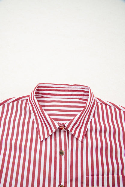 Stripe Patch Pocket Side Slit Buttoned Shirt