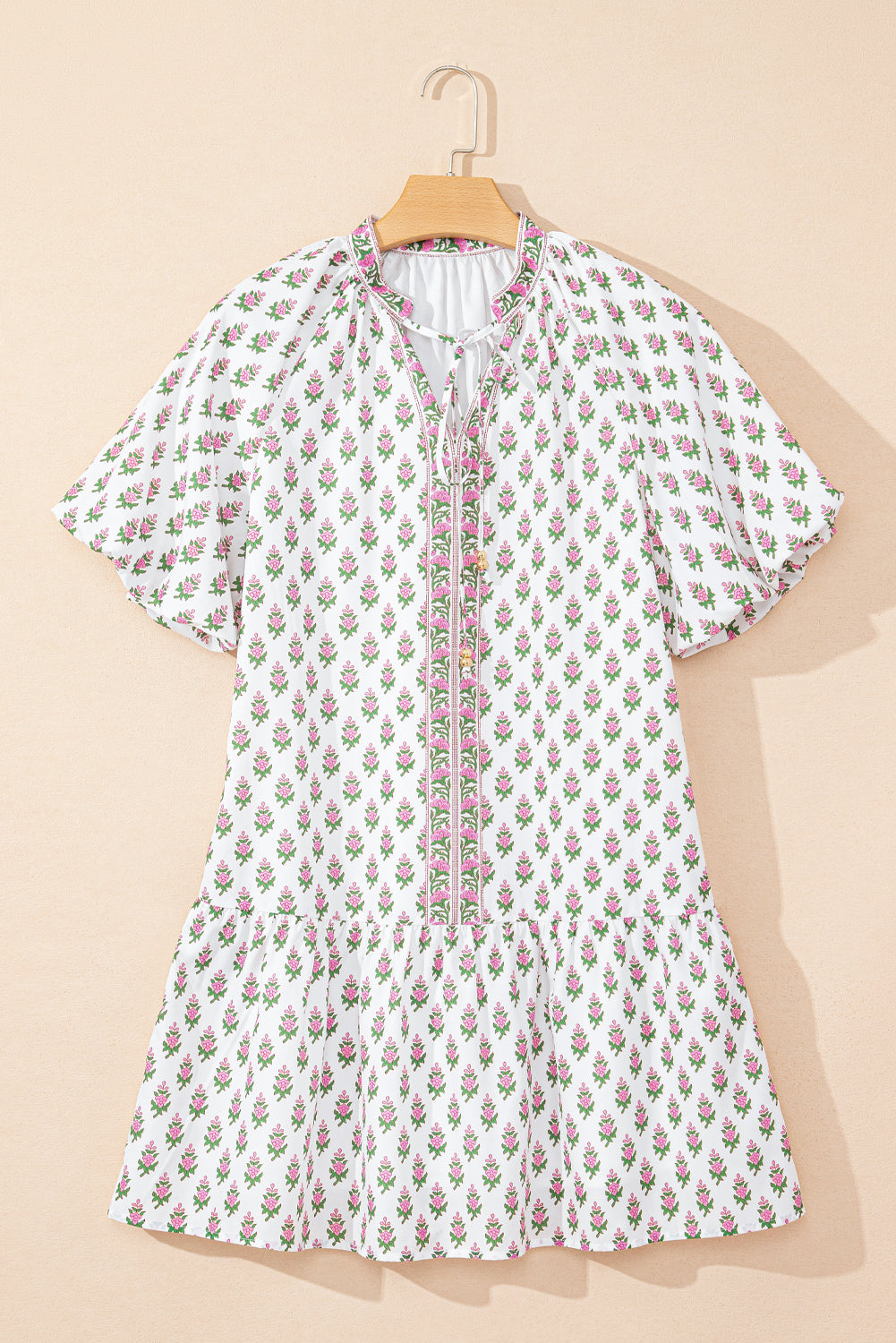 Floral Bubble Sleeve Neck Tie Ruffle Dress