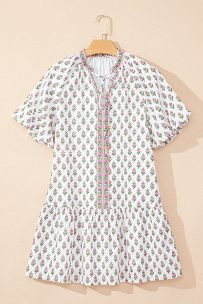 Floral Bubble Sleeve Neck Tie Ruffle Dress
