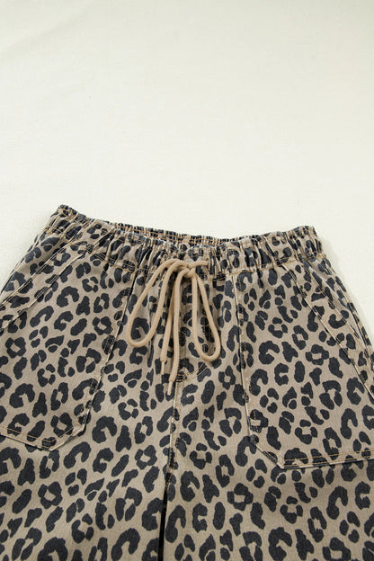 Leopard Drawstring Elastic Waist Loose Denim Pants