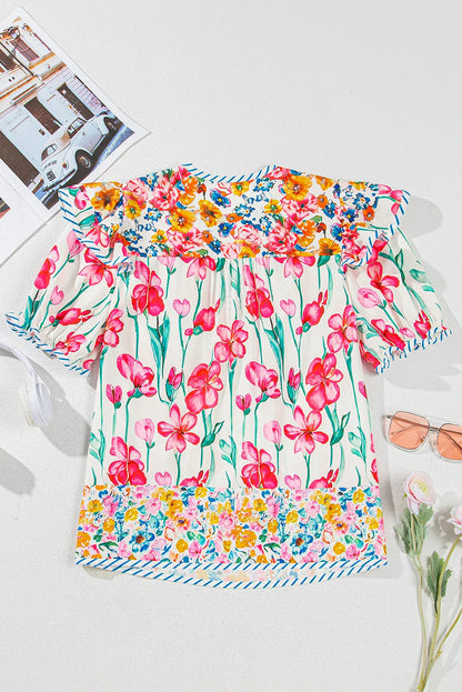 Floral Stripe Detail Split Neck Short Sleeve Blouse