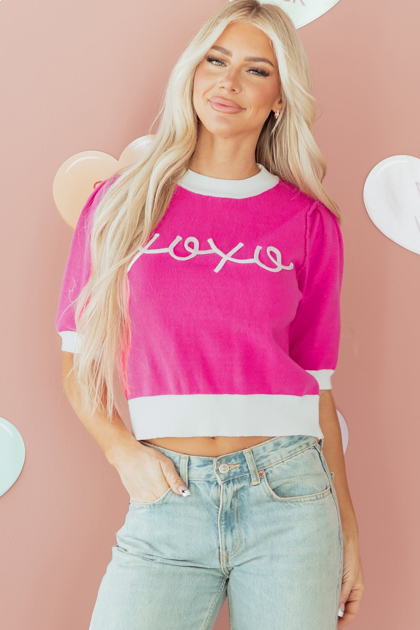 Valentine XOXO Embroidered Puff Sleeve Sweater Tee