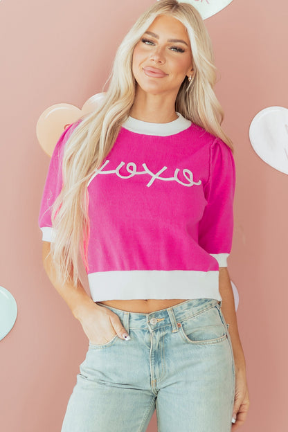 Valentine XOXO Embroidered Puff Sleeve Sweater Tee