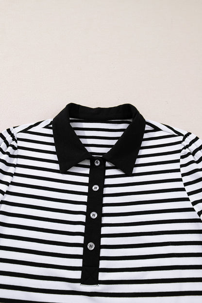 Stripe Collared Pocketed Long Sleeve T-Shirt Dress