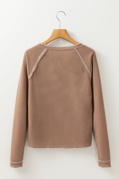 Solid Waffle Knit Round Neck Long Sleeve Top