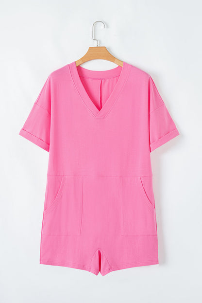 Solid Short Sleeve V-Neck Knit Romper