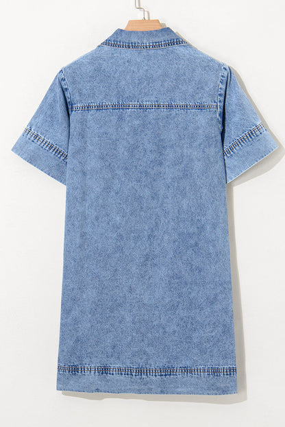 Solid Denim Collared Patch Pocket Mini Dress