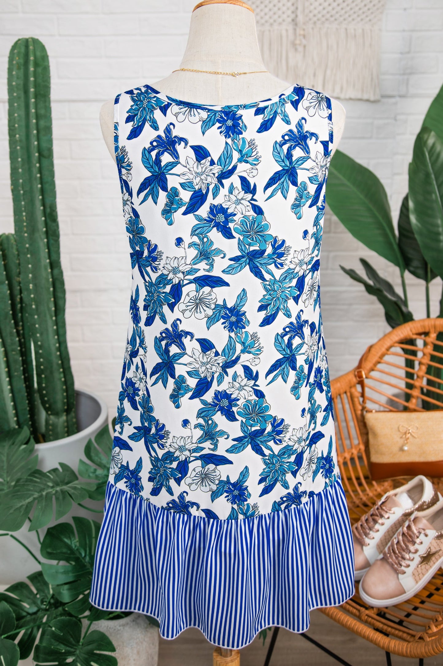 Floral Scoop-Neck Sleeveless Stripe Ruffle-Hem Dress