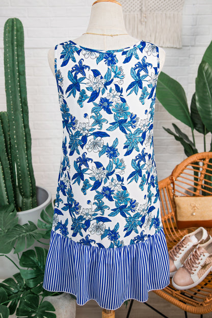 Floral Scoop-Neck Sleeveless Stripe Ruffle-Hem Dress