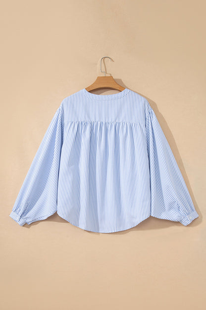 Floral Embroidered Stripe Billowy Sleeve Tunic Shirt